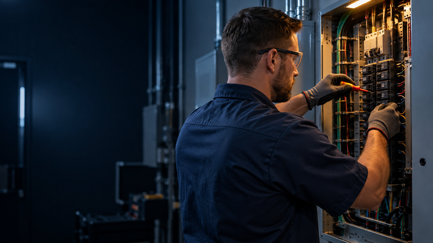 Electrician servicing a modern electrical panel